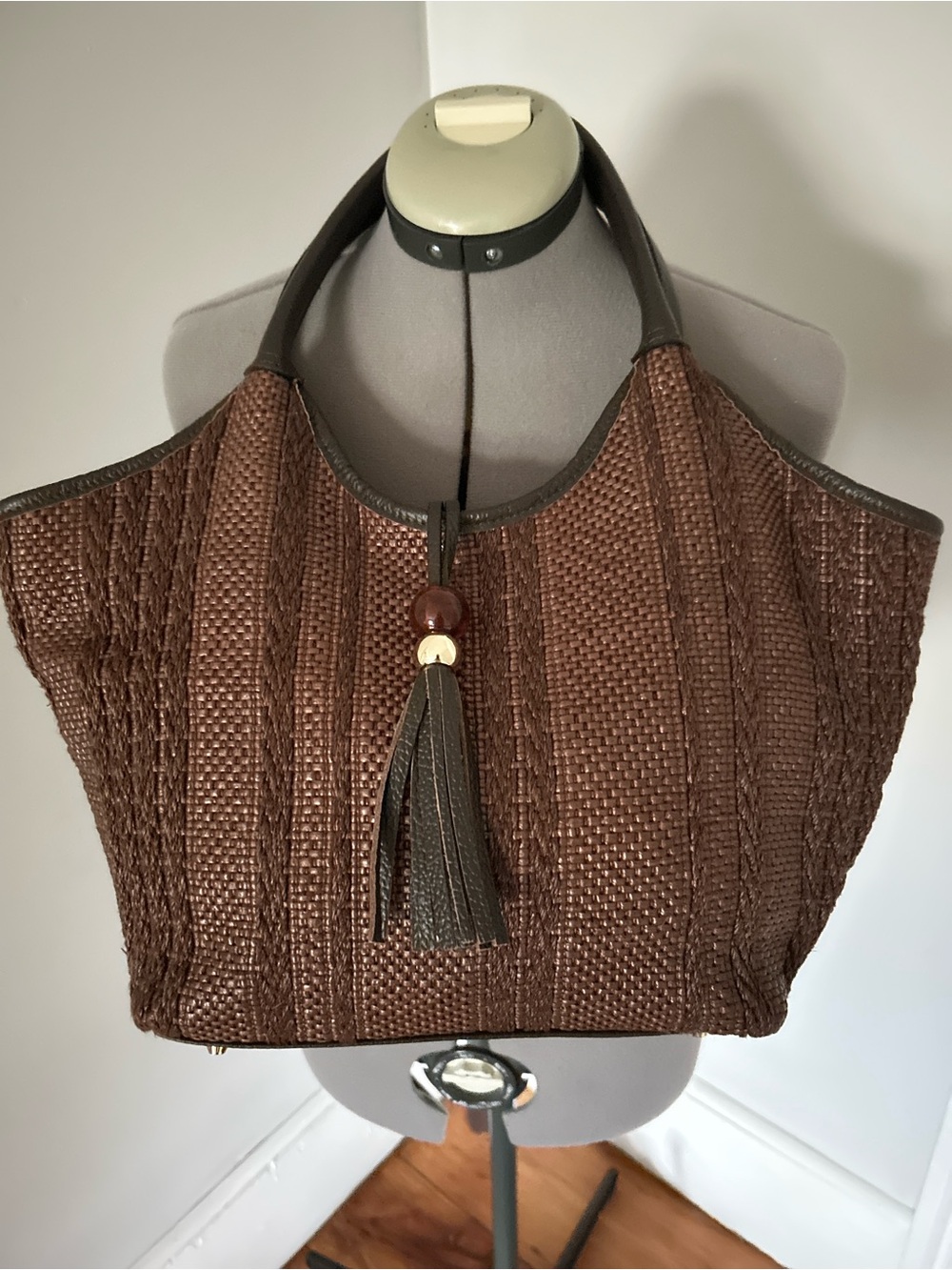 Cheval Firenze Brown Woven Tote Bag with Tassel Accent closure